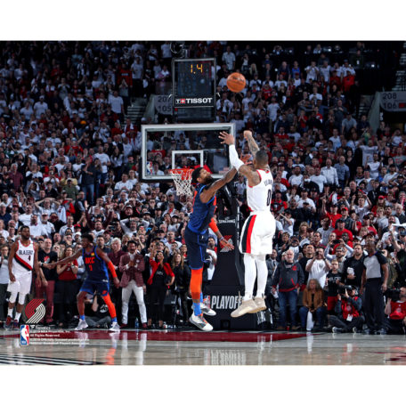 PORTLAND, OR - APRIL 23: Damian Lillard #0 of the Portland Trail Blazers shoots the three-point shot to win the game against the Oklahoma City Thunder during Game Five of Round One of the 2019 NBA Playoffs on April 23, 2019 at the Moda Center in Portland, Oregon. NOTE TO USER: User expressly acknowledges and agrees that, by downloading and or using this Photograph, user is consenting to the terms and conditions of the Getty Images License Agreement. Mandatory Copyright Notice: Copyright 2019 NBAE (Photo by Sam Forencich/NBAE via Getty Images)